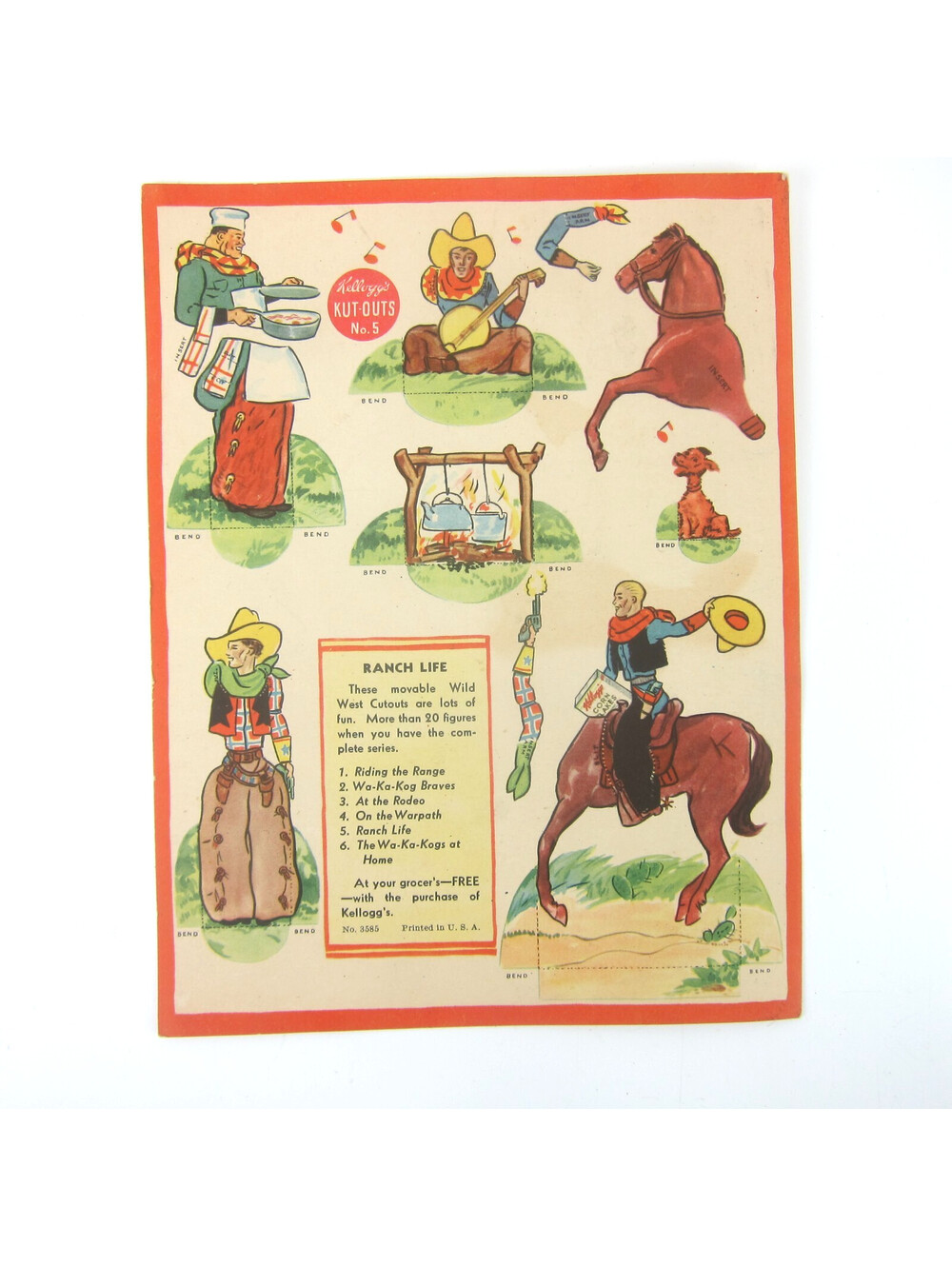 Vintage Kellogg's Kut-Outs #5 Cowboys Ranch Life Full Page Uncut 1930s RARE